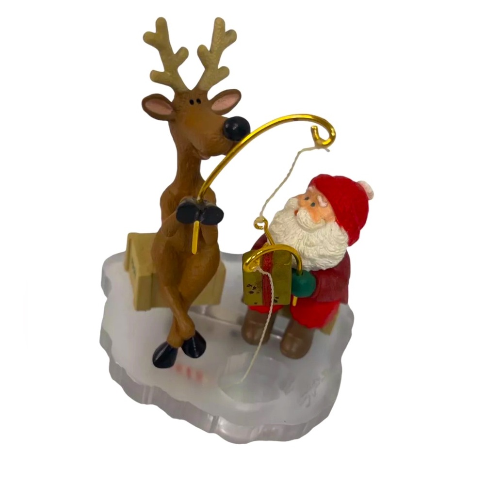 HALLMARK Keepsake 1995 FISHING FOR FUN Santa Reindeer CHRISTMAS ORNAMENT VTG